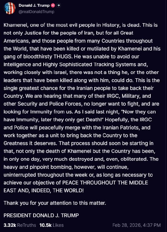 ترجمه ماشین:
خامنهای، یکی از شرورترین افراد در تاریخ، مرده است. این نهتنها عدالت برای مردم ایران است، بلکه برای همه آمریکاییهای بزرگ و نیز برای مردمانی از کشورهای بسیاری در سراسر جهان که به دست خامنهای و دار و دسته اراذل خونخوارش کشته یا دچار نقص عضو شدهاند نیز هست. او نتوانست از اطلاعات و سامانههای ردیابی بسیار پیشرفته ما بگریزد و با همکاری نزدیک با اسرائیل، او و دیگر رهبرانی که همراهش کشته شدهاند، هیچ کاری از دستشان برنمیآمد. این بزرگترین فرصتِ واحد برای مردم ایران است تا کشورشان را پس بگیرند. میشنویم که بسیاری از نیروهای سپاه، ارتش، و دیگر نیروهای امنیتی و پلیسِ آنها دیگر نمیخواهند بجنگند و بهدنبال گرفتن مصونیت از ما هستند. همانطور که دیشب گفتم: «الان میتوانند مصونیت داشته باشند؛ بعداً فقط مرگ نصیبشان میشود!»

امیدوارم سپاه و پلیس بهطور مسالمتآمیز با میهنپرستان ایرانی ادغام شوند و بهعنوان یک واحد با هم کار کنند تا کشور را به عظمتِ شایستهاش بازگردانند. این روند باید بهزودی آغاز شود، زیرا نهتنها خامنهای مرده است، بلکه کشور ظرف فقط یک روز بهشدت ویران شده و حتی تا مرز نابودی پیش رفته است. با این حال، بمباران سنگین و دقیق، بدون وقفه در طول هفته—یا هرقدر لازم باشد—ادامه خواهد یافت تا به هدفمان یعنی صلح در سراسر خاورمیانه و، در حقیقت، جهان برسیم!

از توجه شما به این موضوع سپاسگزارم.

رئیسجمهور دونالد جی. ترامپ
realDonaldTrump

📡 @VahidOnline