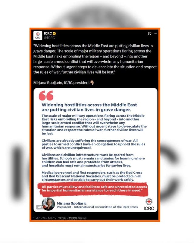 🔸مدیر صلیب سرخ جهانی روز دوشنبه در بیانیهای هشدار داد که گسترده شدن خشونت و خصومت در منطقه خاورمیانه جان غیرنظامیان را «در خطر جدی» قرار میدهد.

🔸میریانا اسپولیاریک در این بیانیه میگوید که مقیاس عملیات نظامی که هماکنون در خاورمیانه در حال انجام است این خطر را با خود دارد که منطقه به ورطه یک درگیری نظامی وسیعتر کشانده شود و این میتواند پاسخ بشردوستانه به این وضعیت را بسیار دشوارتر کند.

🔸خانم اسپولیاریک در ادامه از تمام طرفهای درگیر خواسته است که دسترسی نامحدود و ایمن به کمکهای بشردوستانه را تسهیل کنند.
🇺🇸 🇨🇿 RadioFarda

🤖 @VahidHeadline