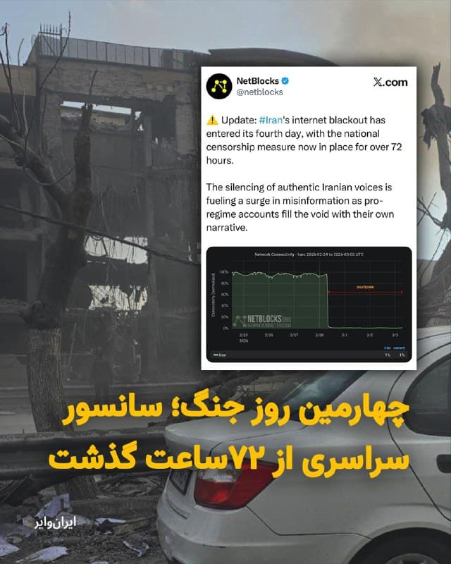 «نتبلاکس» نهاد ناظر بر اینترنت جهان، بامداد سهشنبه ۱۲اسفند۱۴۰۴ با انتشار پستی خبر داد که همزمان با چهارمین روز جنگ، قطعی اینترنت و اعمال محدودیت شدید بر آن از ۷۲ساعت گذشت. بنابر این گزارش، سانسور سراسری باعث شده که صدای مستقل خاموش شود و فضای اطلاعاتی را تکروایت حکومتی فراگیرد.
🇺🇸  Farsi_Iranwire

🤖 @VahidHeadline