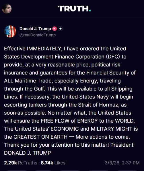 از همین لحظه، به «شرکت مالی توسعه ایالات متحده» (DFC) دستور دادهام که با قیمتی بسیار معقول، بیمه و تضمینهای «ریسک سیاسی» را برای امنیت مالیِ تمام تجارت دریایی—بهویژه انرژی—که از خلیج عبور میکند فراهم کند.
این خدمات برای همه خطوط کشتیرانی در دسترس خواهد بود.
در صورت لزوم، نیروی دریایی ایالات متحده هرچه سریعتر اسکورت نفتکشها را از تنگه هرمز آغاز خواهد کرد.
در هر حال، ایالات متحده جریان آزاد انرژی به جهان را تضمین خواهد کرد.
قدرت اقتصادی و نظامی ایالات متحده بزرگترین قدرت روی زمین است — اقدامات بیشتری در راه است. از توجه شما به این موضوع سپاسگزارم!
رئیسجمهور دونالد جی. ترامپ
realDonaldTrump

📡 @VahidOnline