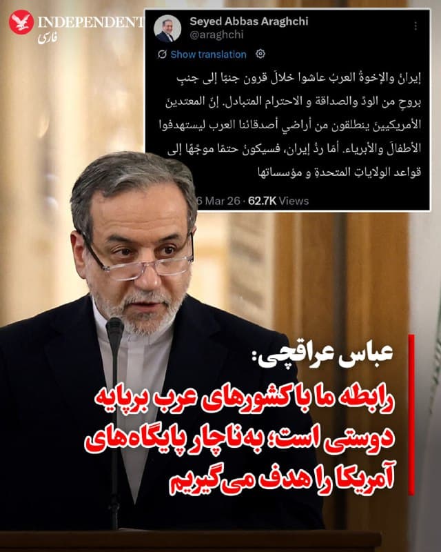 ♦️ عباس عراقچی، وزیر امور خارجه جمهوری اسلامی، در یادداشتی به زبان عربی در شبکه اجتماعی «ایکس»، بر پیوند دیرینه ایران و کشورهای عربی تاکید کرد و نوشت: «ایران و برادران عرب طی قرنها با روحیهای سرشار از دوستی و احترام متقابل در کنار یکدیگر زندگی کردهاند.»

عراقچی با تکرار ادعای استفاده نیروهای آمریکایی از خاک کشورهای همسایه برای انجام حملات به جمهوری اسلامی، گفت که پاسخ تلافیجویانه تهران قطعی است و این پاسخ «بهناچار متوجه پایگاهها و نهادهای ایالات متحده» خواهد بود.

کشورهای عربی حوزه خلیج فارس از اولین روز شروع عملیات علیه جمهوری اسلامی تاکید کردهاند که هیچ یک از پایگاههایی که در خاک این کشورهاست، برای انجام حملات مورد استفاده قرار نمیگیرد.
🇸🇦  Indypersian

🤖 @VahidOOnLine