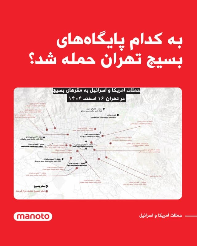 بر اساس گزارشها و تصاویر منتشرشده، در جریان حملات اخیر آمریکا و اسرائیل در روز ۱۶ اسفند ۱۴۰۴، چندین مقر بسیج در مناطق مختلف تهران هدف قرار گرفتند.

مجموع گزارشها نشان میدهد این حملات شماری از پایگاههای «ناحیه مقاومت بسیج» در مناطق مختلف پایتخت را دربر گرفته است. از جمله این نقاط میتوان به پایگاههای بسیج در مناطق ۲، ۴، ۵، ۷، ۸، ۱۲، ۱۴، ۱۵، ۱۶، ۱۸، ۱۹، ۲۱ و ۲۲ تهران اشاره کرد.
🏁 🇬🇧 ManotoTV

🤖 @VahidOOnLine