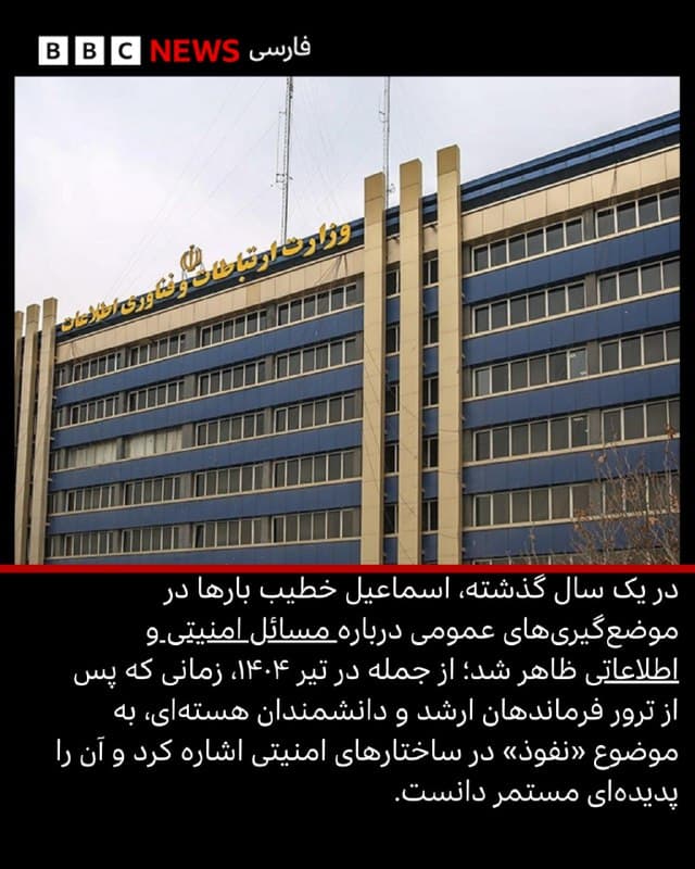 🔻یک روز پس از کشته شدن علی لاریجانی، دبیر شورای عالی امنیت ملی و غلامرضا سلیمانی، رئیس سازمان بسیج، مسعود پزشکیان تأیید کرد که اسماعیل خطیب، وزیر اطلاعات ایران، نیز صبح امروز در حملات اسرائیل کشته شده است.<

اسماعیل خطیب بالاترین مقام امنیتی در دولت جمهوری اسلامی ایران بود و نقش محوری در هدایت ساختارهای اطلاعاتی و ضدجاسوسی کشور ایفا میکرد.

آلبوم را ورق بزنید و برای خواندن مطلب کامل، به وبسایت بیبیسی مراجعه کنید.

bbc.in
📷EPA/ISNA
🇬🇧 BBCPersian

🤖 @VahidHeadline