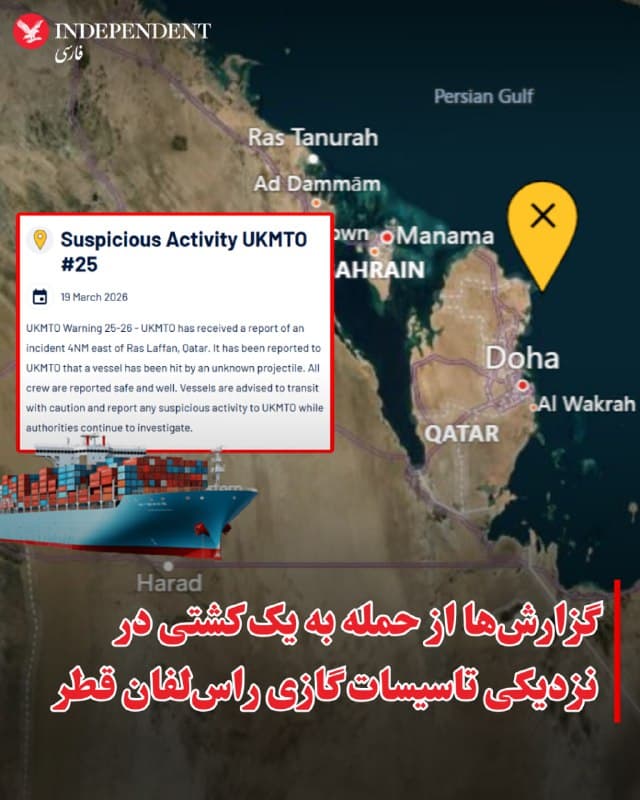 ⭕️گزارشها از حمله به یک کشتی در نزدیکی تاسیسات گازی راسلفان قطر

♦️مرکز عملیات تجارت دریایی بریتانیا (UKMTO)، صبح پنجشنبه ۲۸ اسفندماه از اصابت «یک پرتابه ناشناس» به یک کشتی تجاری در ۷.۵ کیلومتری شرق منطقه راسلفان قطر خبر داد.
براساس این گزارش، همه خدمه کشتی سالم هستند و به کسی آسیب نرسیده است.

پس از بمباران تاسیسات پارس جنوبی در روز چهارشنبه، جمهوری اسلامی تاسیسات گاز مایع راسلفان قطر را با موشک هدف قرار داد. وزارت دفاع قطر اعلام کرد مجتمع تبدیل گاز به گاز مایع راسلفان در جریان این حملات بهشدت آسیب دیده است.
🇸🇦  Indypersian

🤖 @VahidOOnLine