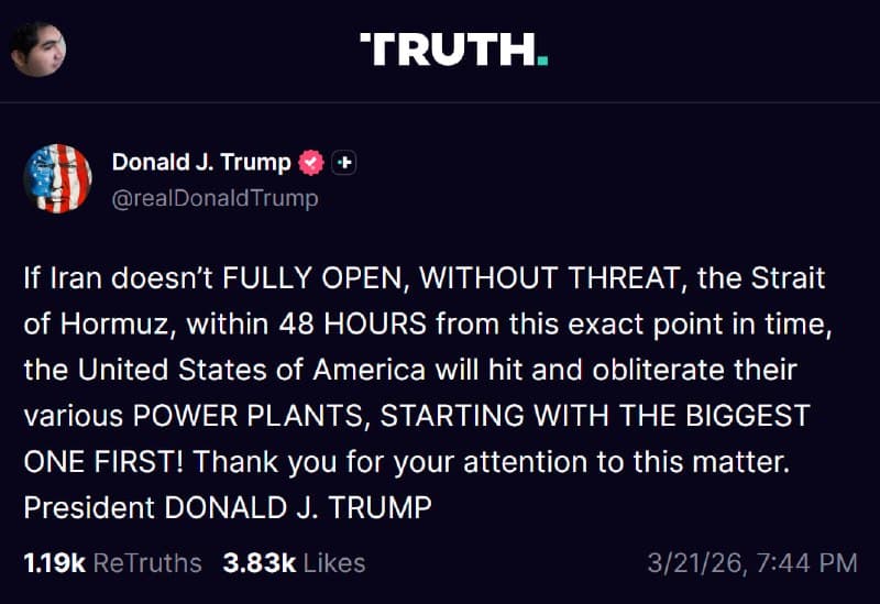 ☄️ ترامپ اعلام کرد اگر ایران از همین لحظه، ظرف ۴۸ ساعت، تنگه هرمز را بهطور کامل و بدون هیچ تهدیدی باز نکند، ایالات متحده نیروگاههای برق این کشور را هدف قرار خواهد داد و نابود خواهد کرد؛ حملاتی که به گفته او «از بزرگترین نیروگاه آغاز میشود».
او در پایان نوشت: «از توجه شما به این موضوع سپاسگزارم.»
realDonaldTrump

📡 @VahidOnline