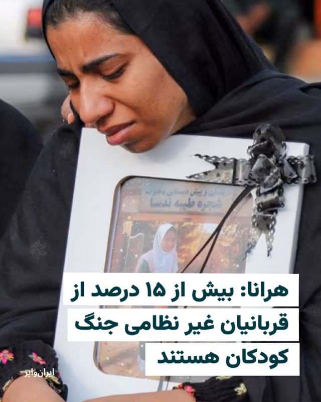 پایگاه حقوقبشری هرانا، اعلام کرد که تا پایان روز دوم فروردین ۱۴۰۵ بیش از ۱۵ درصد از قربانیان غیر نظامی جنگ اخیر را کودکان تشکیل میدهند. 
بر اساس آمار تفکیکی این نهاد حقوقبشری، ۱۴۰۷ نفر غیر نظامی تاکنون جان خود را از دست دادهاند که ۲۱۴ نفر آنان را کودکان تشکیل میدهند. همچنین ۱۱۶۷ نفر نظامی کشته شدند و ۶۵۷ نفر از کشته شدگان مشخص نیست که نظامی هستند یا غیر نظامی.
🇺🇸  Farsi_Iranwire

🤖 @VahidHeadline