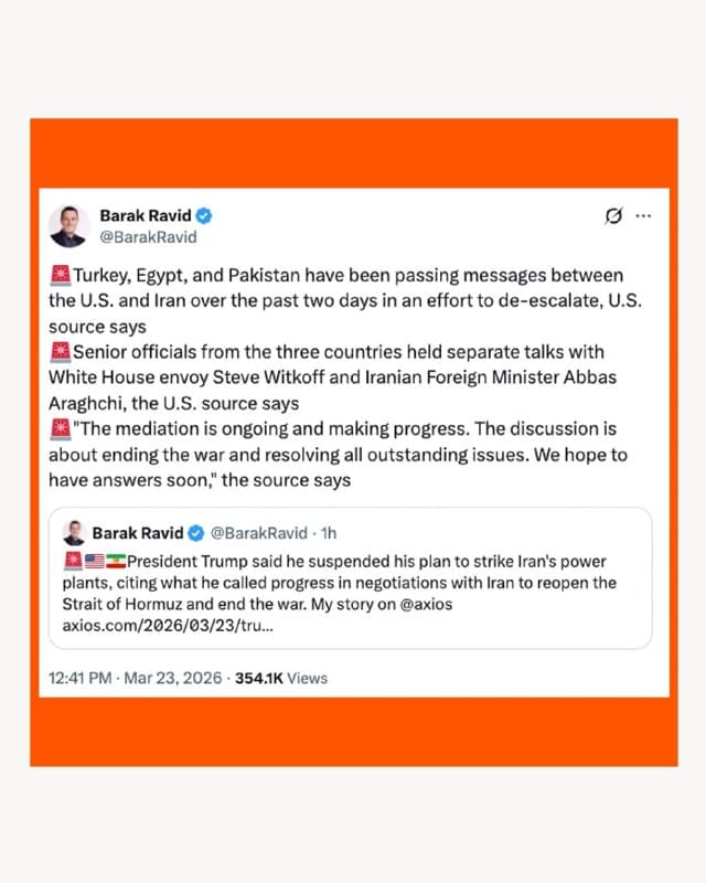 🔸باراک راوید، خبرنگار اکسیوس، روز دوشنبه سوم فروردین خبر داد که ترکیه، مصر و پاکستان طی دو روز گذشته در تلاش برای کاهش تنش بین ایران و آمریکا، پیامهایی را بین دو کشور رد و بدل کردهاند.

🔸او در شبکهٔ اجتماعی ایکس به نقل از «منابع آمریکایی» نوشت که «مقامات ارشد سه کشور به صورت جداگانه با فرستادهٔ کاخ سفید، استیو ویتکوف، و عباس عراقچی، وزیر خارجه ایران، تماس گرفتهاند».

🔸یکی از این منابع گفته که «رایزنیها در حال انجام و پیشرفت است. بحثها حول پایان دادن به جنگ و حلوفصل مسائل باقیمانده است. امیدواریم به زودی پاسخهایی دریافت کنیم».

🔸او در شبکهٔ اجتماعی خود، تروث سوشال، نوشت که بر اساس «فضای کلی و لحن این گفتوگوها» به «وزارت جنگ» دستور داده است هرگونه حمله نظامی علیه نیروگاهها و زیرساختهای انرژی ایران را به مدت «پنج روز» به تعویق بیندازد، «مشروط به موفقیت نشستها و مذاکرات جاری».

🔸وزیر خارجه ایران هنوز به این تحولات واکنش نشان نداده و آن را تأیید یا رد نکرده است، ولی رسانههای نزدیک به سپاه مدعی شدهاند که هیچ مذاکرهای در کار نبوده است.
🇺🇸 🇨🇿 RadioFarda

🤖 @VahidHeadline