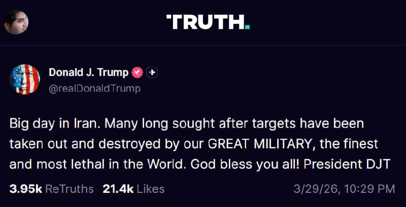 دونالد ترامپ، رییس جمهوری آمریکا در پستی در شبکه اجتماعی تروثسوشیال نوشت: «روز بزرگی در ایران. بسیاری از اهدافی که مدتها در پی آنها بودیم، توسط ارتش بزرگ ما ـ بهترین و مرگبارترین ارتش جهان ـ منهدم و نابود شدند. خداوند همه شما را حفظ کند! رئیسجمهور دیجیتی»
@VahidOOnLine
دیشب حرفهای دیگری هم زده.

از اینجا به پایین: @VahidHeadline

از اینجا به پایین: @VahidOOnLine

📡 @VahidOnline