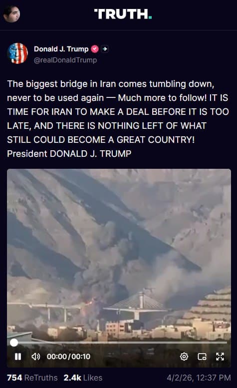 دونالد ترامپ با انتشار این ویدیوی دریافتی  از فرو ریختن پل بیلقان (بی-۱) که پیشتر منتشر کرده بودم در شبکه تروت سوشال نوشت: «بزرگترین پل در ایران فرو ریخت و دیگر هرگز استفاده نخواهد شد.»
او هشدار داد: «موارد بیشتری در راه است.»
او خطاب به مقامهای جمهوری اسلامی تاکید کرد: «وقت آن است که ایران پیش از آنکه خیلی دیر شود توافق کند، وگرنه از آنچه هنوز میتواند به یک کشور بزرگ تبدیل شود، چیزی باقی نخواهد ماند!»
@VahidOOnLine

📡 @VahidOnline