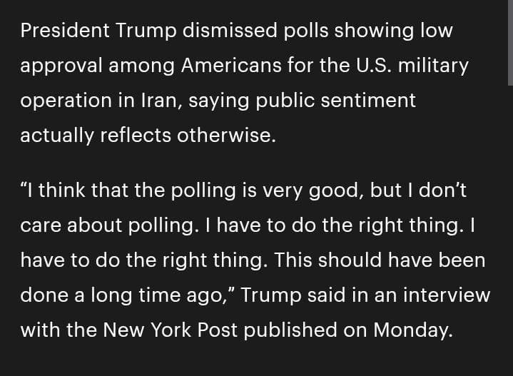 ترامپ توی یکی از مصاحبههای این چند روز اخیرش گفته نظرسنجیهای ضدجنگ براش مهم نیستند چون باید کاری که درسته رو انجام داد. کاری که خیلی وقت پیش باید انجام میشد. این مرد خیلی برای آزادی ایران سنگ تموم گذاشته واقعا. ایران براحتی میتونست مثل میانمار برای دنیا باشه.
@mamlekate