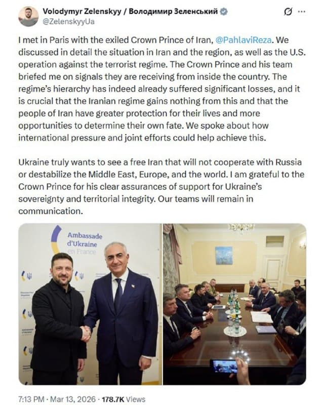 🔸رئیسجمهور اوکراین خبر داد که برای دومینبار با شاهزاده رضا پهلوی دیدار کرده است.
🔸ولودیمیر زلنسکی که برای دیدار با همتای فرانسوی خود به پاریس سفر کرده، روز جمعه ۲۲ اسفند در این شهر با رضا پهلوی دیدار کرد.
🔸او در گزارشی درباره این دیدار در شبکه ایکس نوشته: «ما درباره وضعیت ایران و منطقه، و همچنین عملیات ایالات متحده علیه آنچه «رژیم تروریستی» خوانده شد، بهطور مفصل گفتوگو کردیم.»
🔸زلنسکی افزوده یکی دیگر از محورهای مورد مذاکره میان او و آقای پهلوی، چگونگی فشار بینالمللی و تلاشهای مشترک برای کمک به حفاظت از جان مردم و مشارکت آنها در تعیین سرنوشت خود بوده است.
🔸این دو بهمنماه سال جاری خورشیدی نیز در حاشیه کنفرانس امنیتی مونیخ با یکدیگر دیدار و مذاکره کرده بودند.
🔸رئیسجمهور اوکراین در شبکه ایکس تأکید کرده که کییف «واقعاً میخواهد ایرانی آزاد را ببیند که با روسیه همکاری نکند و موجب بیثباتی در خاورمیانه، اروپا و جهان نشود.»
🇺🇸 🇨🇿 RadioFarda
🤖 @VahidHeadline