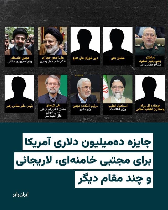 وزارت خارجه ایالات متحده روز جمعه ۲۲اسفند۱۴۰۴ در پستی در شبکه اجتماعی «ایکس» از تعیین جایزه ۱۰میلیون دلاری برای اطلاعاتی درباره «مجتبی خامنهای»، «علیاصغر حجازی»، «علی لاریجانی»، «یحیی رحیم صفوی»، «اسماعیل خطیب» و چند مقام دیگر نظامی و امنیتی جمهوری اسلامی خبر داده است.
بخوانید:
iranwire.org
🇺🇸 Farsi_Iranwire
🤖 @VahidHeadline