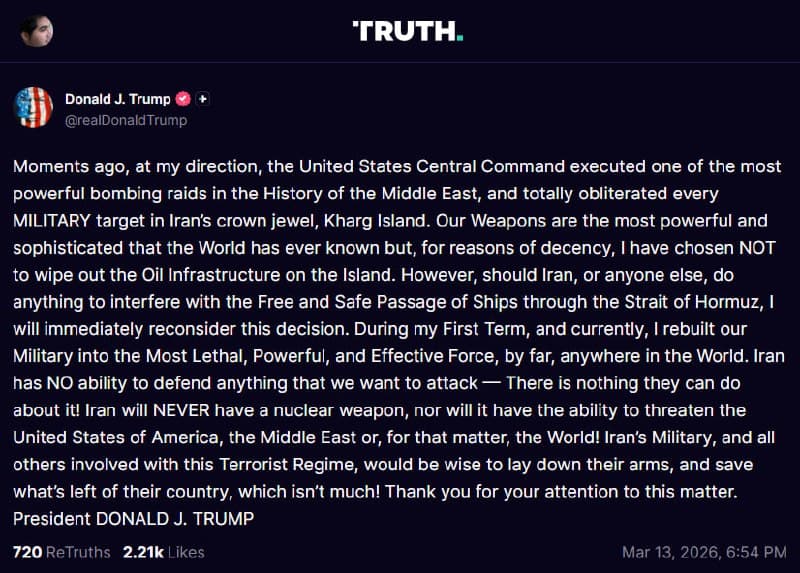 پست جدید دونالد ترامپ، ترجمه ماشین:
لحظاتی پیش، به دستور مستقیم من، فرماندهی مرکزی ایالات متحده (سنتکام) یکی از سنگینترین حملات هوایی تاریخ خاورمیانه را به اجرا درآورد و تمامی اهداف نظامی را در جزیره خارک — که نگین درخشان ایران محسوب میشود — بهطور کامل منهدم کرد.
تسلیحات ما قدرتمندترین و پیشرفتهترین جنگافزارهایی هستند که جهان تاکنون به خود دیده است؛ با این حال، من به دلایل ملاحظات انسانی، تصمیم گرفتم که در این مرحله زیرساختهای نفتی این جزیره را با خاک یکسان نکنم. اما هشدار میدهم، چنانچه ایران یا هر طرف دیگری، کوچکترین اقدامی در جهت اخلال در کشتیرانی آزاد و ایمن در تنگه هرمز انجام دهد، بلافاصله در این تصمیم تجدیدنظر خواهم کرد.
من در طول دوره نخست ریاستجمهوریام و همچنین در حال حاضر، ارتش آمریکا را بازسازی کرده و آن را به مرگبارترین، قدرتمندترین و کارآمدترین نیروی نظامی در سراسر جهان تبدیل کردهام. ایران هیچ توانایی برای دفاع از اهدافی که ما ارادهی حمله به آنها را داشته باشیم، ندارد؛ آنها در برابر قدرت ما کاملاً ناتوان هستند!
ایران هرگز به سلاح هستهای دست نخواهد یافت و هرگز توانایی تهدید ایالات متحده آمریکا، خاورمیانه و کل جهان را نخواهد داشت. برای ارتش ایران و تمامی کسانی که با این رژیم تروریستی همکاری میکنند، عاقلانهتر آن است که سلاحهای خود را بر زمین بگذارند و آنچه از کشورشان باقی مانده — که البته چیز زیادی هم نیست — را نجات دهند!
از توجه شما به این موضوع سپاسگزارم.
رئیسجمهور دونالد جی. ترامپ
realDonaldTrump
📡 @VahidOnline