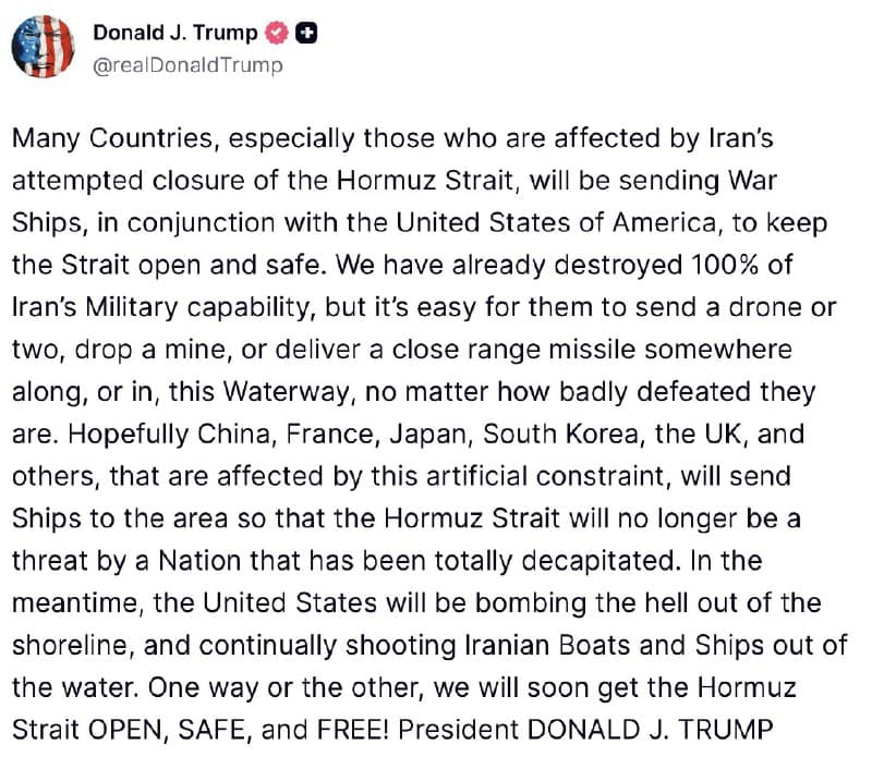 پست جدید دونالد ترامپ در تروث سوشال:
بسیاری از کشورها، بهویژه آنهایی که از تلاش ایران برای بستن تنگهٔ هرمز آسیب دیدهاند، در هماهنگی با ایالات متحده ناوهای جنگی به منطقه اعزام خواهند کرد تا این تنگه باز و امن بماند.
ما پیشتر ۱۰۰ درصد توان نظامی ایران را نابود کردهایم، اما حتی با وجود چنین شکستی نیز برای آنها کار دشواری نیست که یک یا دو پهپاد بفرستند، مین دریایی کار بگذارند یا یک موشک کوتاهبرد را در طول این آبراه یا در داخل آن شلیک کنند.
امیدوارم چین، فرانسه، ژاپن، کرهٔ جنوبی، بریتانیا و دیگر کشورهایی که از این محدودیت مصنوعی آسیب میبینند، کشتیهای خود را به این منطقه اعزام کنند تا تنگهٔ هرمز دیگر تهدیدی از سوی کشوری که کاملاً سرش قطع شده است نباشد.
در همین حال، ایالات متحده سواحل را بهشدت بمباران خواهد کرد و بهطور مداوم قایقها و کشتیهای ایرانی را در دریا هدف قرار خواهد داد.
به هر شکل که باشد، ما بهزودی تنگهٔ هرمز را باز، امن و آزاد خواهیم کرد.
رئیسجمهور دونالد جی. ترامپ
Ardeshir
📡 @VahidOnline