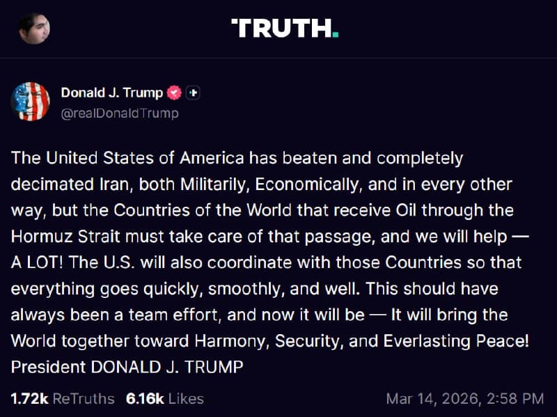پست جدید دونالد ترامپ در تروث سوشال: بسیاری از کشورها، بهویژه آنهایی که از تلاش ایران برای بستن تنگهٔ هرمز آسیب دیدهاند، در هماهنگی با ایالات متحده ناوهای جنگی به منطقه اعزام خواهند کرد تا این تنگه باز و امن بماند. ما پیشتر ۱۰۰ درصد توان نظامی ایران…