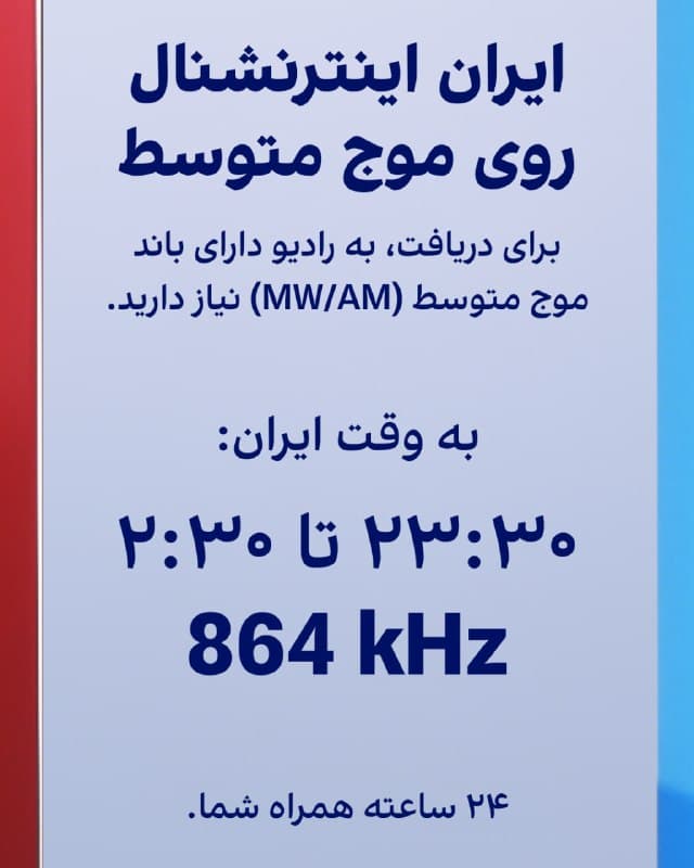 برنامههای ایراناینترنشنال را میتوانید ۲۴ ساعته از طریق رادیو دنبال کنید.
در این آلبوم، فرکانسهای پخش ما روی موج کوتاه (SW) و موج متوسط (MW/AM) به همراه زمانهای دریافت به وقت ایران آمده است.
این اطلاعات را با دوستان و خانواده خود نیز به اشتراک بگذارید.
🏁 🇬🇧 IranintlTV
🤖 @VahidOOnLine